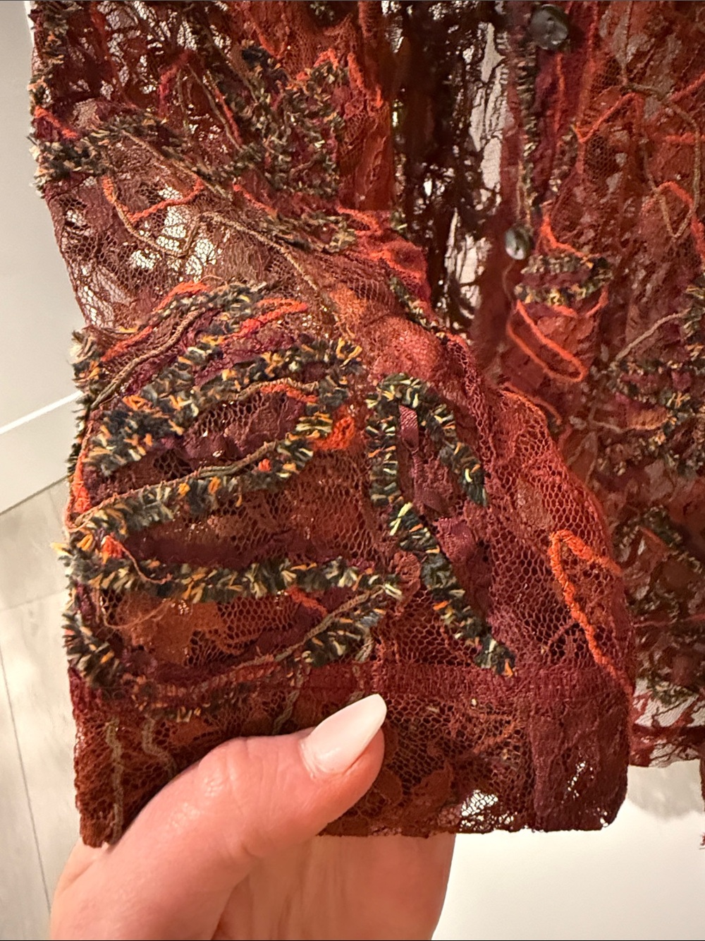 Chico's Rust, Olive & Burnt Orange Embroidered Lace Button-Down Shirt - Picture 4 of 5